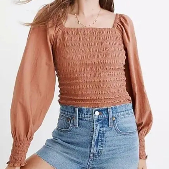 MADEWELL Lucie Bubble Sleeve Smocked Top in Warm Umber S - Picture 1 of 7